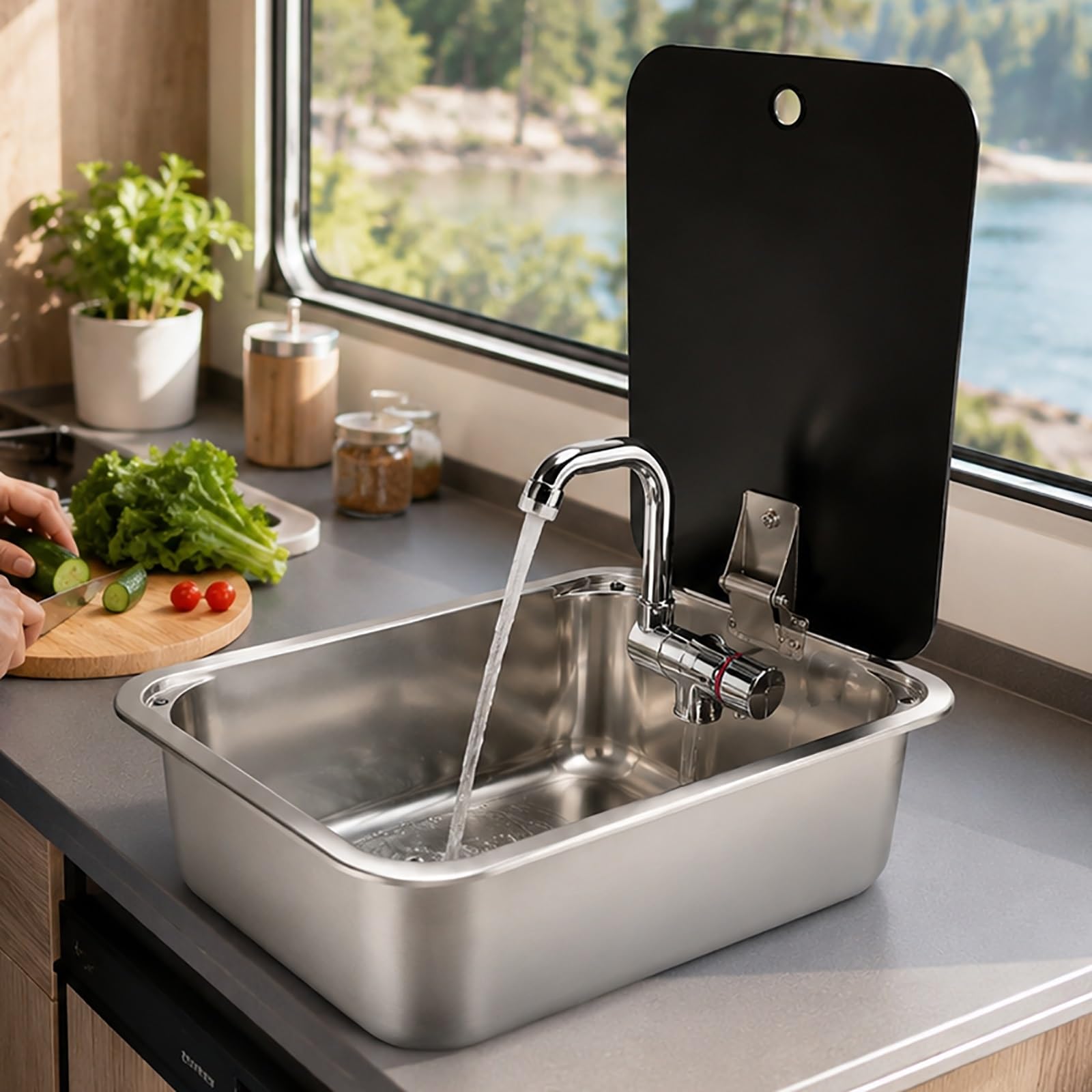 Small RV Sink, Stainless Steel Hand Wash Basin Sink with Hot and Cold Water Faucet, Camper Accessories