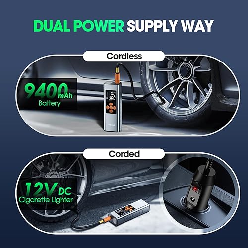 Miniatura 3 de Tire Inflator Portable Air Compressor, 2X Faster Inflation 9400mAh Battery & 12V DC Cord Car Tire Pump with LCD Display, 150PSI Electric Air Pump