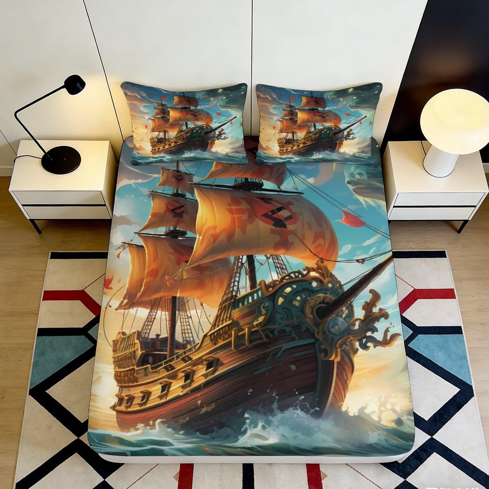 Pnayamiorkfel Style-1 3D Printed Pirate Ship Fitted Sheet Microfiber Non-Slip Ocean Voyage Bed Cover For Bedroom Guest Room Decor 90X200x25cm