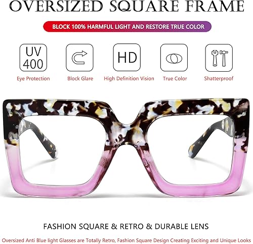 Miniatura 10 de AIEYEZO Gafas cuadradas de gran tamaño con luz azul para mujer lindas gafas de marco grande a la moda transparentes multicolor para computadora