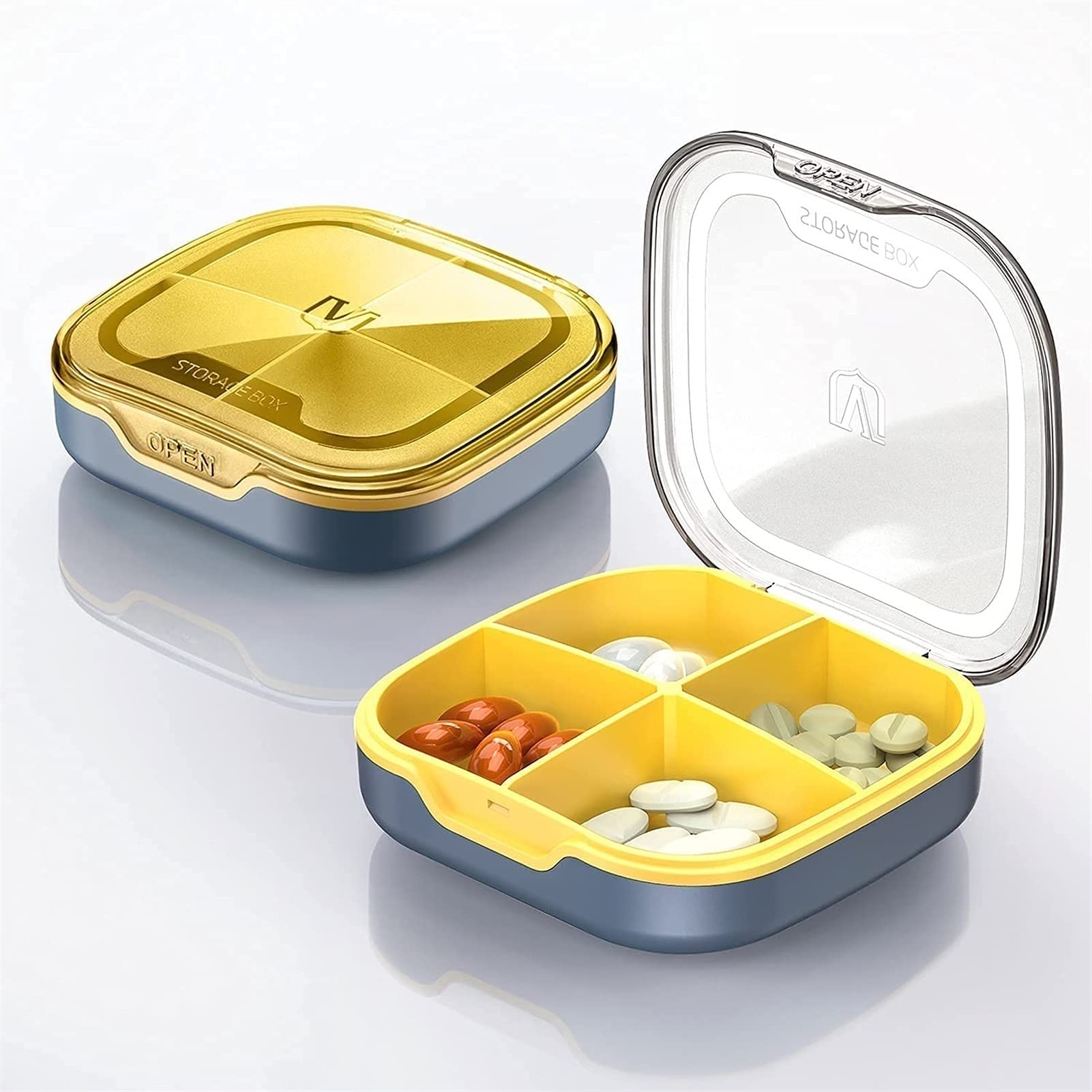 Pastillero portátil RJJ para viajes y oficina caja de píldoras de 4 compartimentos color amarillo