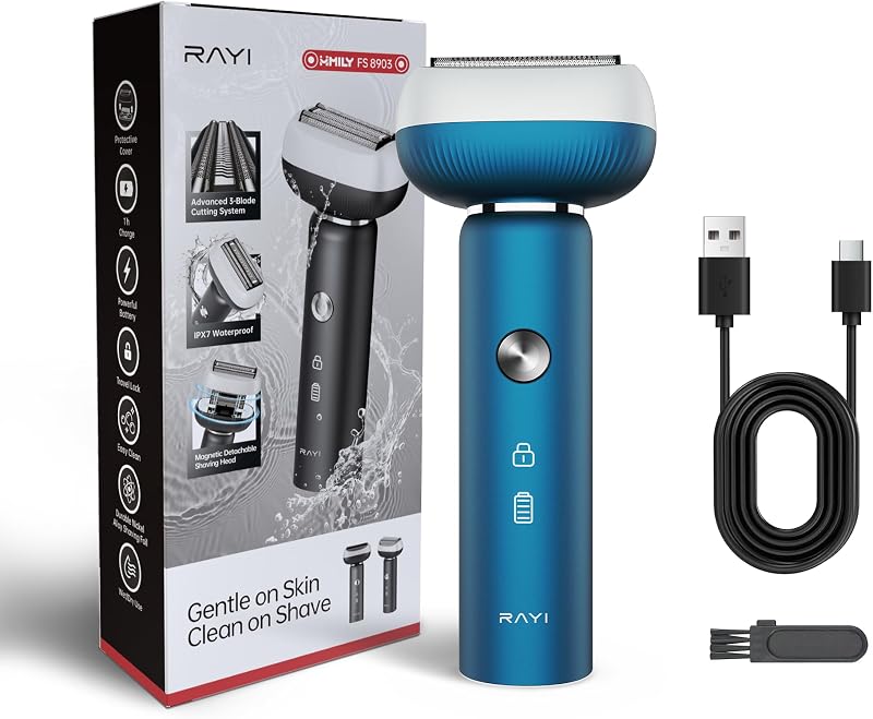 Barbeador elétrico RAYI masculino com 3 lâminas de arco flutuante, 9000 RPM, cabeça magnética, carregamento Type-C, IPX7, Navy