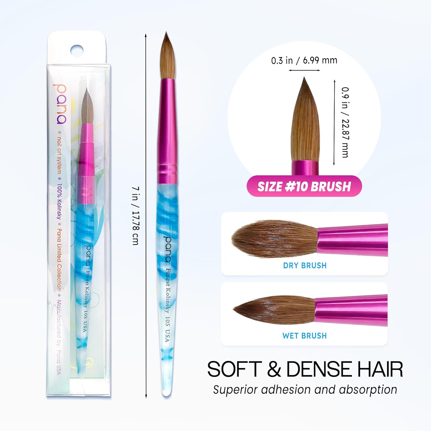 PANA USA Acrylic Nail Brush Pure Kolinsky Hair Acrylic White Swirl Blue Handle with Pink Ferrule Round Shaped - Size 10