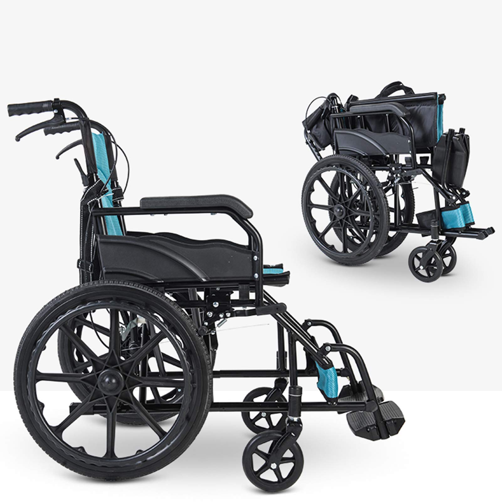 Sillas de Ruedas Ligeras,Silla de Ruedas de Aluminio Autopropulsable, Silla de Ruedas Manual Ligera Plegable de Aleación de Aluminio/Blue