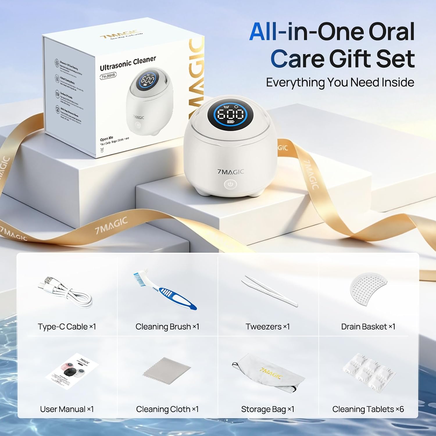 7MAGIC Ultrasonic Retainer Cleaner Machine, 48kHz, 200 ml, Ivory