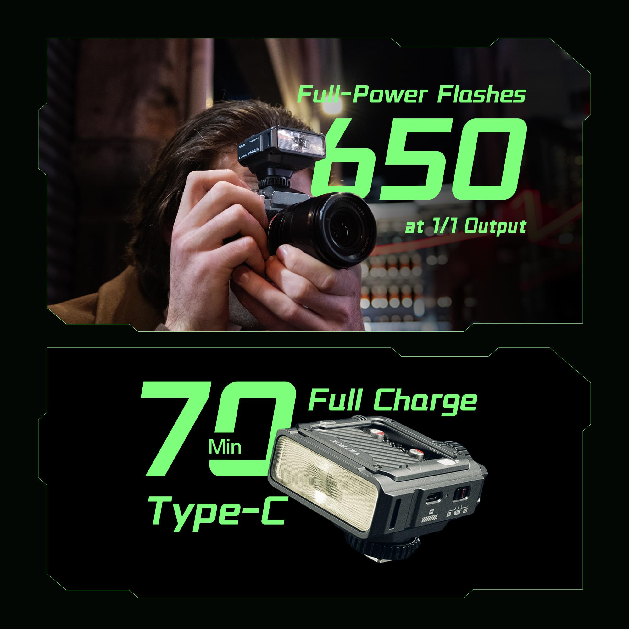 VILTROX Spark Z3 TTL-Kamerablitz für Sony, GN8 6500K On-Camera-Blitz Speedlite mit 7 Leistungsstufen, 650Vollleistungsblitzen, 1s Recycling, 3,7V/1800mAh Li-Ionen-Akku, Softbox (Grau)