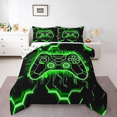 Miniatura 21 de Feelyou - Juego de edredón para niños gamers tamaño individual, juego de ropa de cama de estilo Galaxy Gaming con purpurina, juego de edredón para