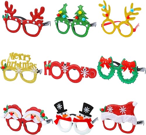 Aneco 9 gafas de fiesta con purpurina de Navidad, decoración de Navidad, disfraces, anteojos, marco de gafas de fiesta, para recuerdos de