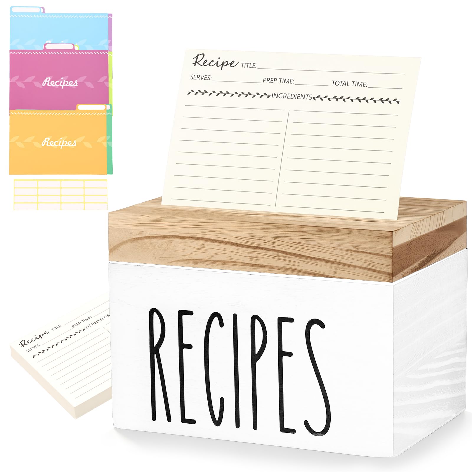MENIBBLER Wood Recipe Box with 50 4x6 Cards and 6 Dividers, Rustic Recipe Card Holder Organizer with Lid & Slot for Kitchen Countertop, Vintage Card Storage Box, Ideal Housewarming Gifts(white)