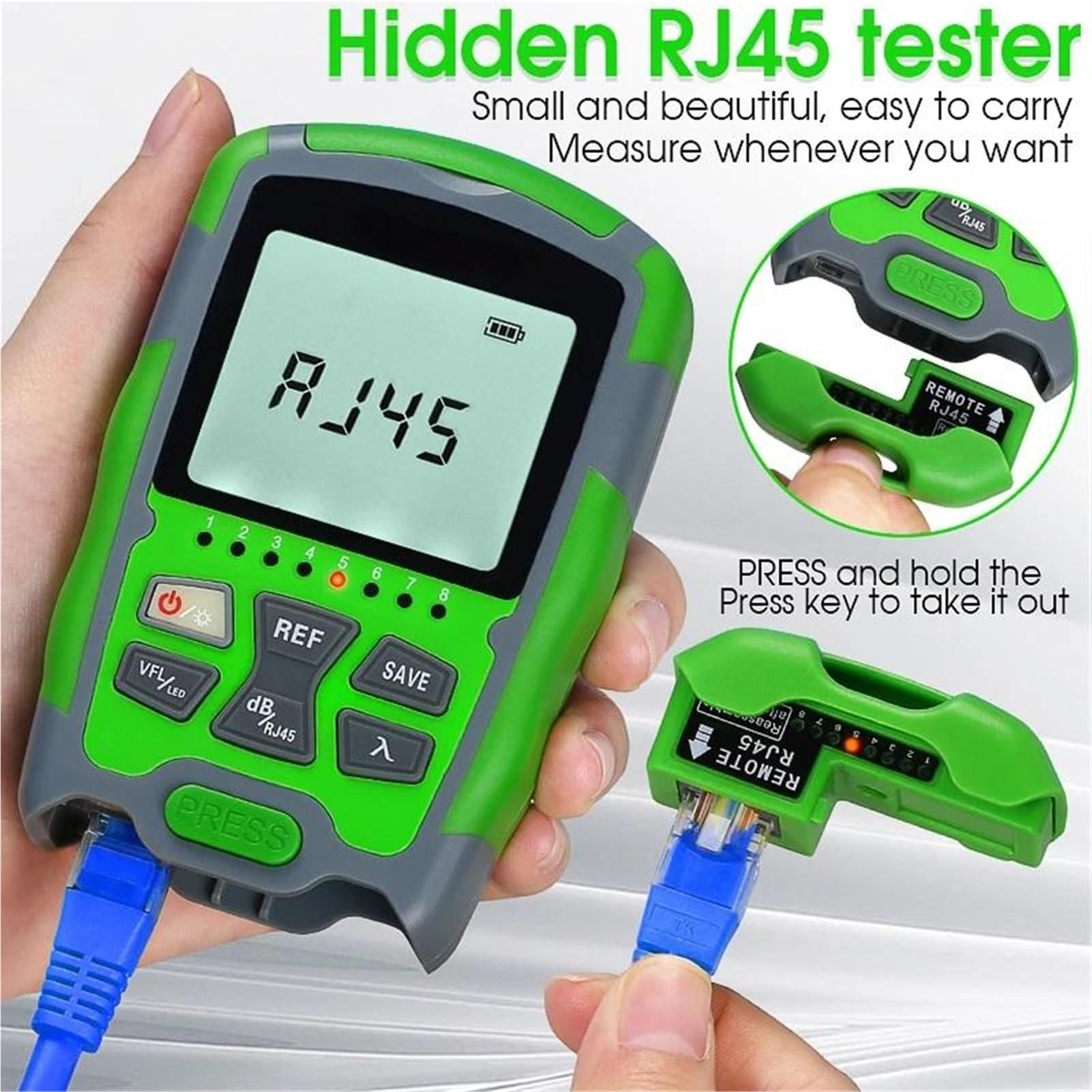 Probador de fibra óptica recargable 4 en 1, mini medidor potencia, -70 ~ +10 20MW pruebas red RJ45, iluminación LED para prueba