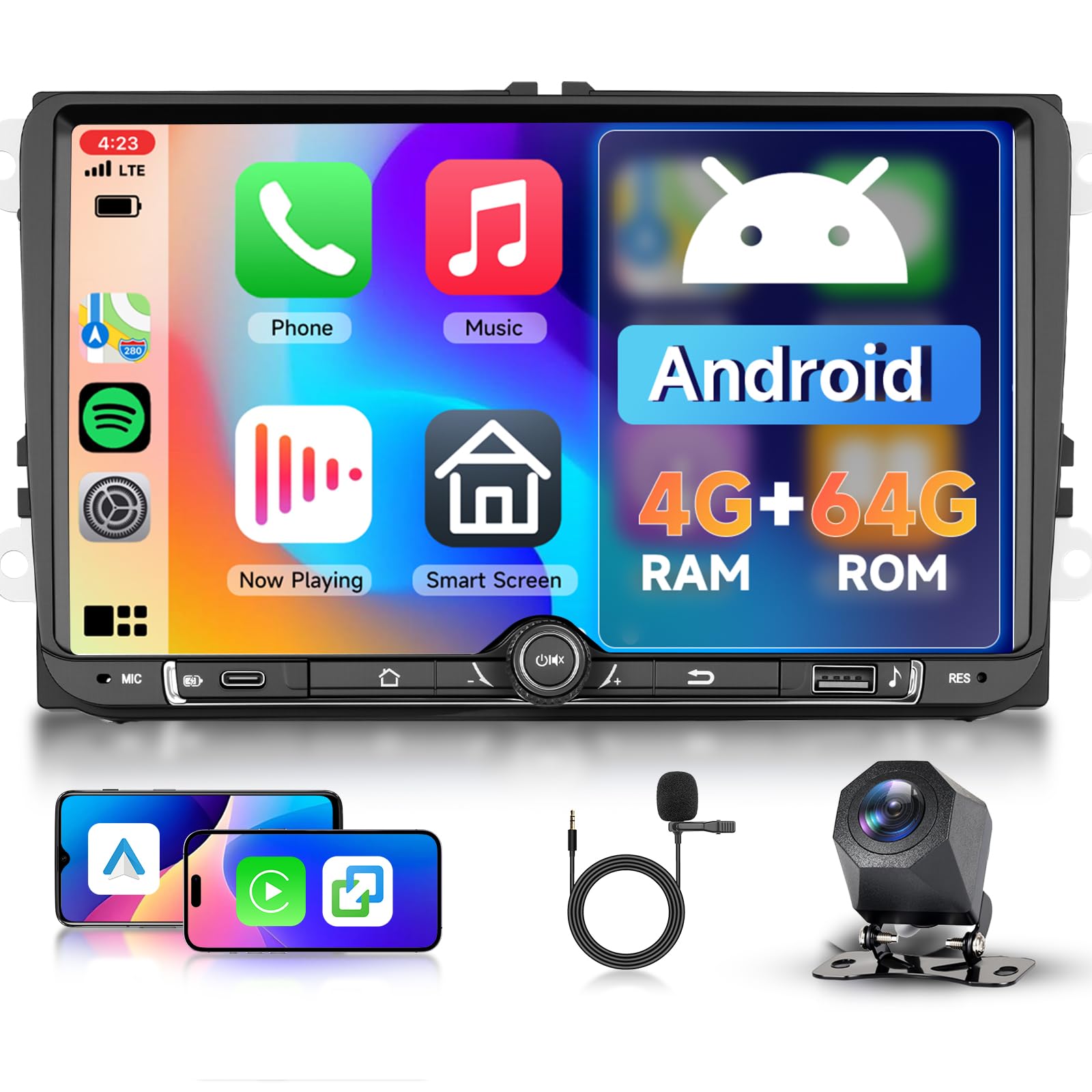 Hodozzy 4G+64G Android Autoradio für VW Seat Altea Toledo Leon Skoda Fabia Passat mit Wireless Carplay Android Auto, 9 Zoll Touchscreen Radio 2 Din mit Navi Bluetooth WiFi, DSP, Radio FM/RDS, Kamera