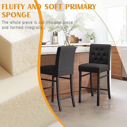 Miniatura 6 de Juego de 2 taburetes de bar de lino beige, diseño ergonómico con marcos de madera resistentes, ideales para cocina, comedor, bares, oficinas