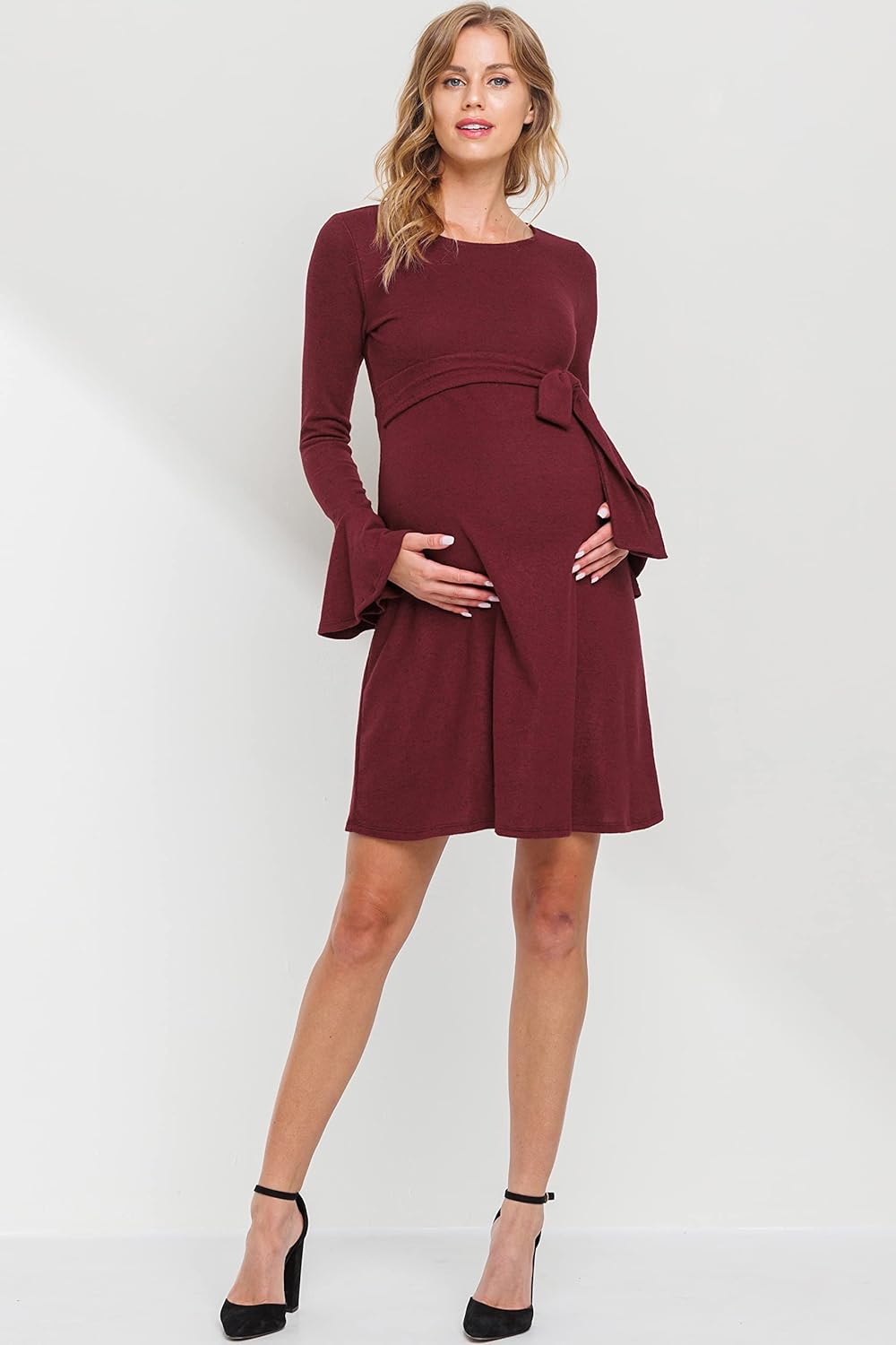 LaClef Women's Bell Sleeve Round Neck Tie Waist Sweater Knit Maternity Dress