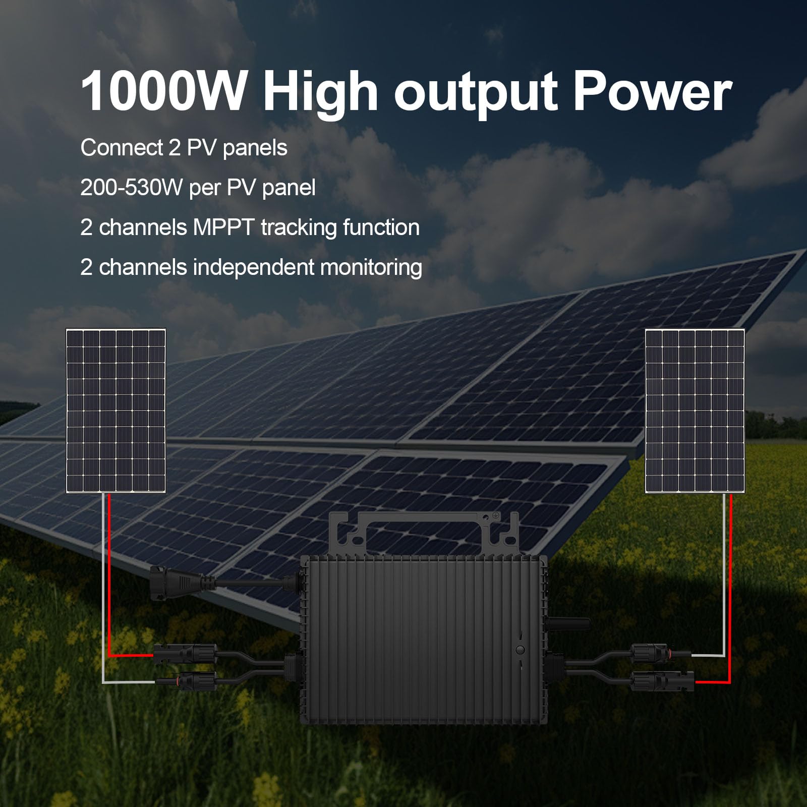Mikro Wechselrichter 1000w-2MPPT，Wechselrichter für balkonkraftwerk mit WLAN,IP67 wasserdicht，mit 5m AC Kabel für Solar Inverter,App Steuerung,Plug Play