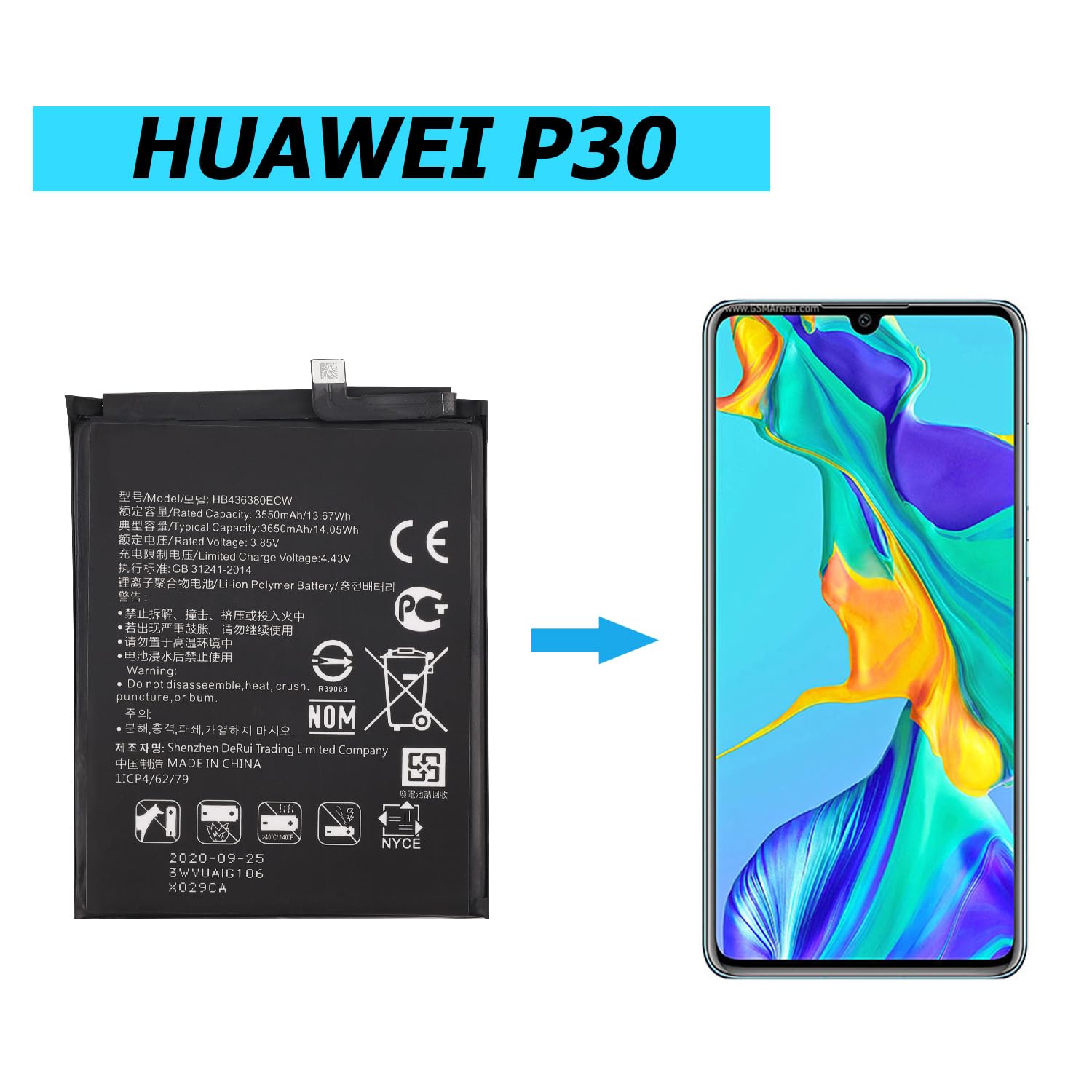 Batterie De Rechange Pour Huawei P30 - HB436380ECW, 3650mAh, Avec Outils - Compatible Modèles ELE-L29, L09, Etc.