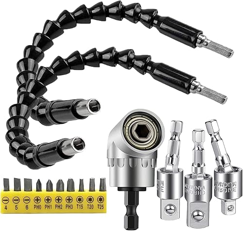 MXiiXM Juego de brocas flexibles de extensión de brocas hexagonales, extensión de taladro de ángulo recto de 105, 3 adaptadores de enchufe de
