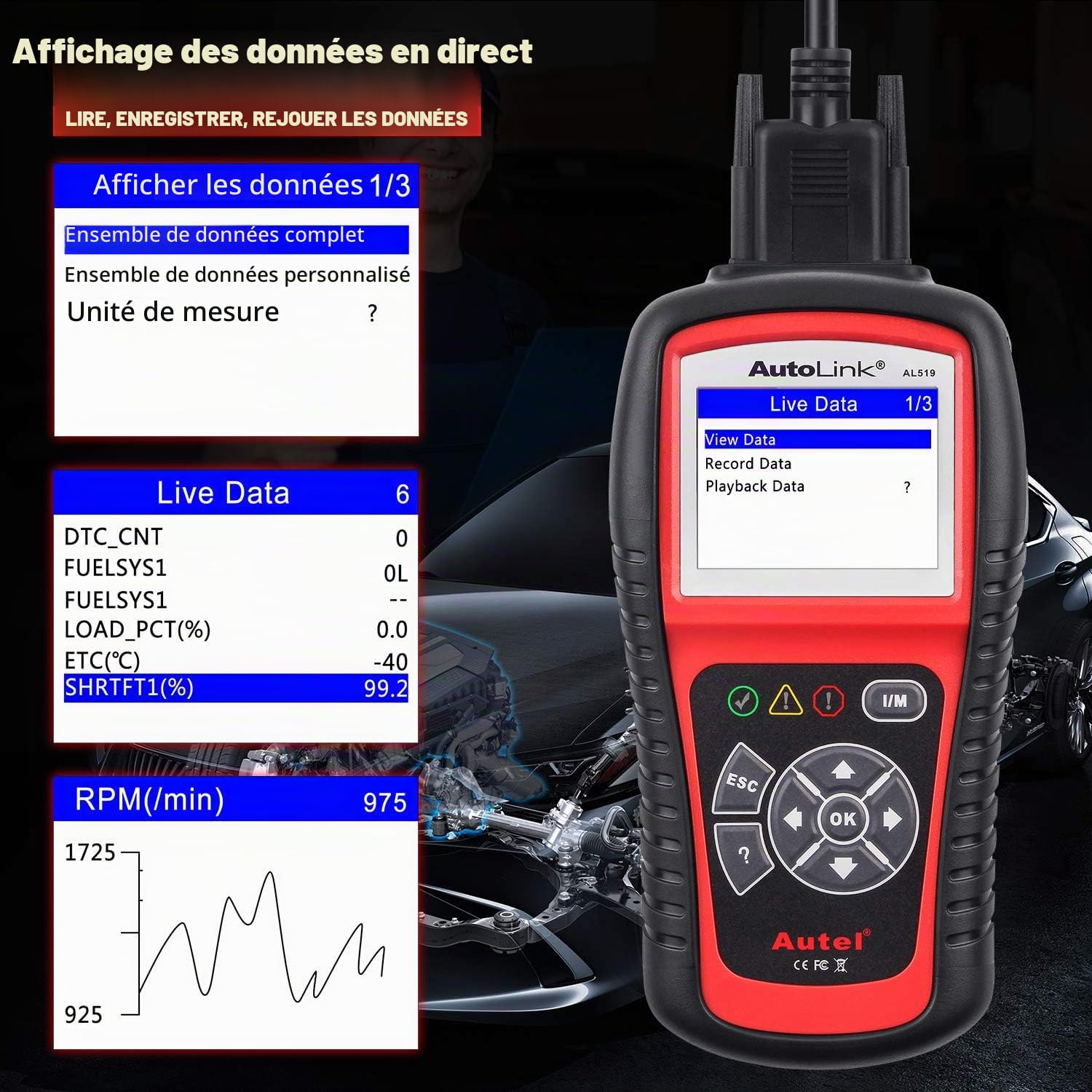 Autel AutoLink AL519 Scanner OBD2 Moteur Vérification Amélioré en Mode 6 Lecteur Codes, Outil Diagnostic Voiture Universel avec Vérification du Smog en Un Clic, Version Améliorée d'AL319