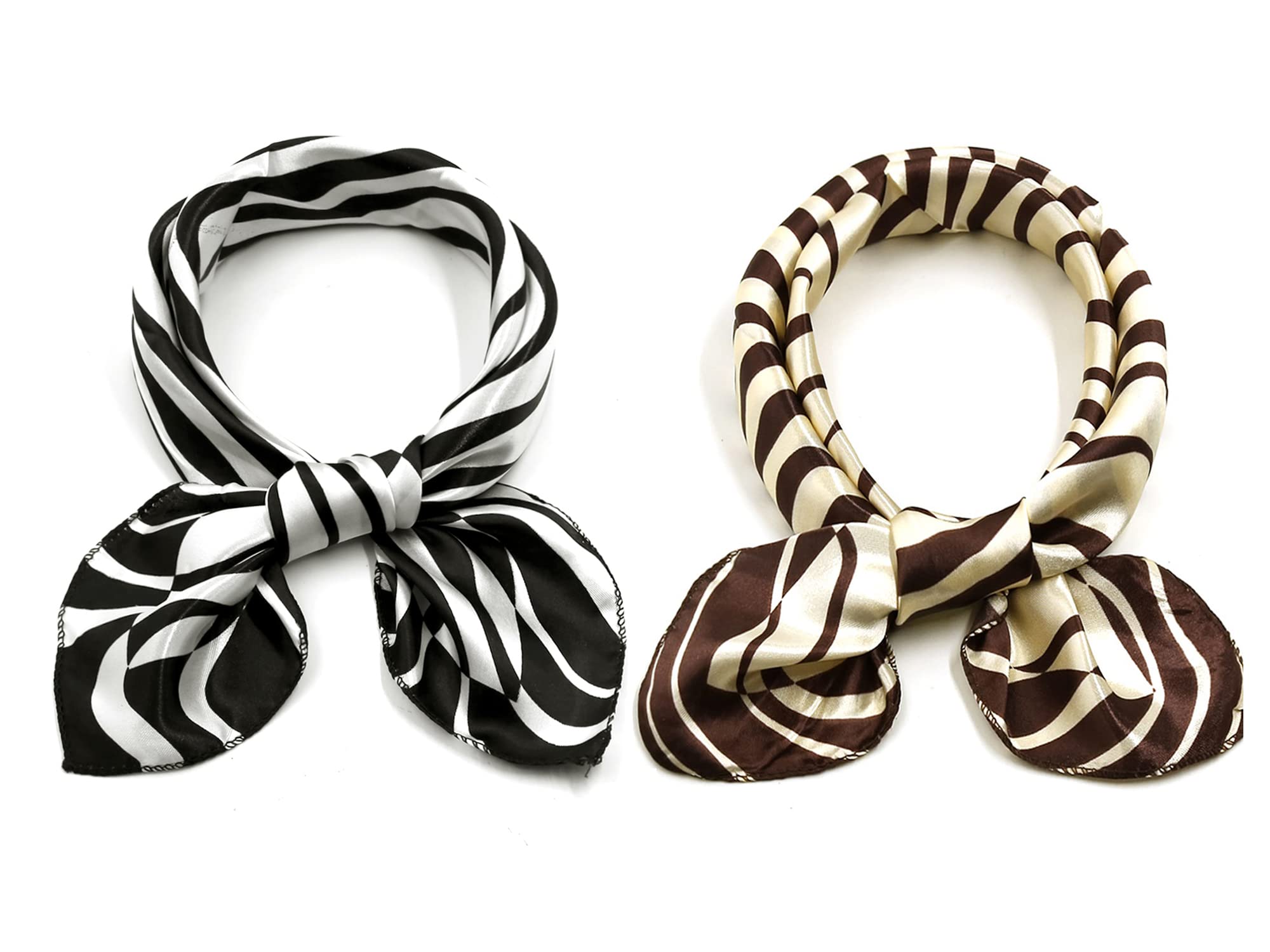 Elerevyo 2Pcs Women's Satin Silky Scarves - 19.6"x19.6" - Square Printed Neckerchief Neck Scarf Black Zebra&Brown Zebra 50 * 50cm/19.69 * 19.69"(L*W)