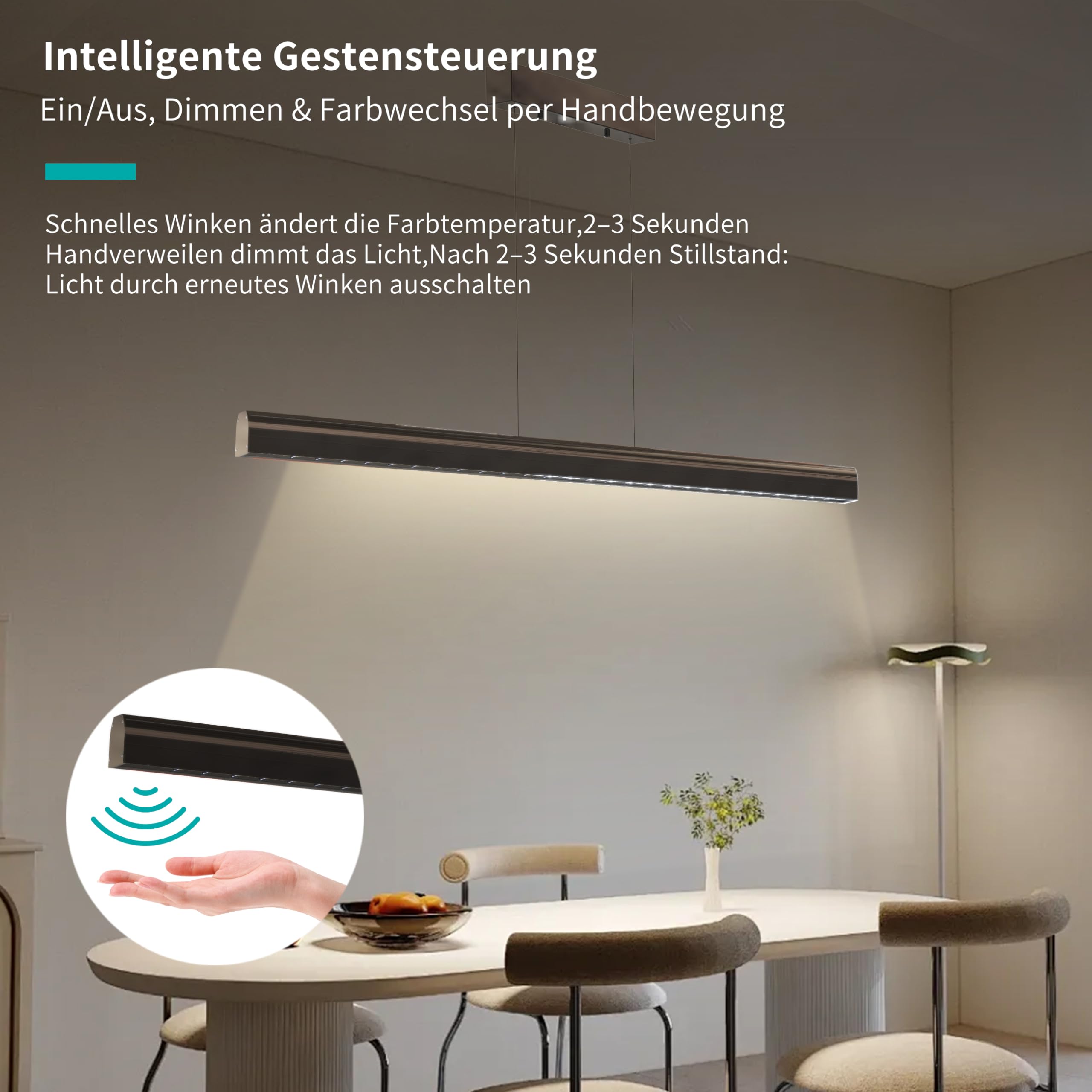 Pendelleuchte Esstisch 120cm, dimmbare Hängelampe mit Gestensteuerung, 10–100% Helligkeit & 3000K/4500K/6500K Farbtemperatur einstellbar, moderne Esstischlampe für Esszimmer, Büro
