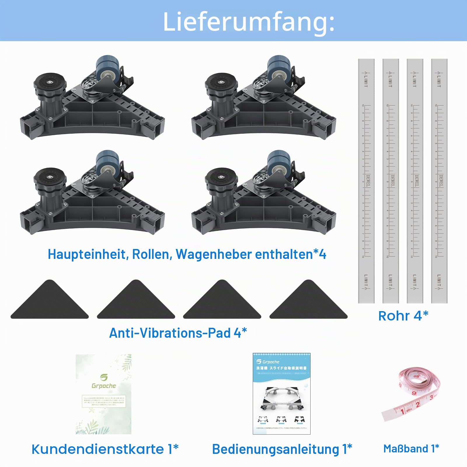Waschmaschinen Untergestell mit 4 Füßen & 8 Feststellbaren Räder, Beweglich Waschmaschinensockel Podeste & Rahmen für Trockner, Kühlschrank Bärenlast 500KG(Grau, Einstellbare: 45.5-70cm)