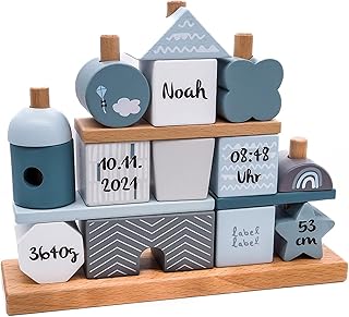 Personalisierbares Holz-Steckhaus Blau – Steckformen & fördert Feinmotorik – für Babys ab 18 Monaten – mit Name & Geburtsdaten – Label Label
