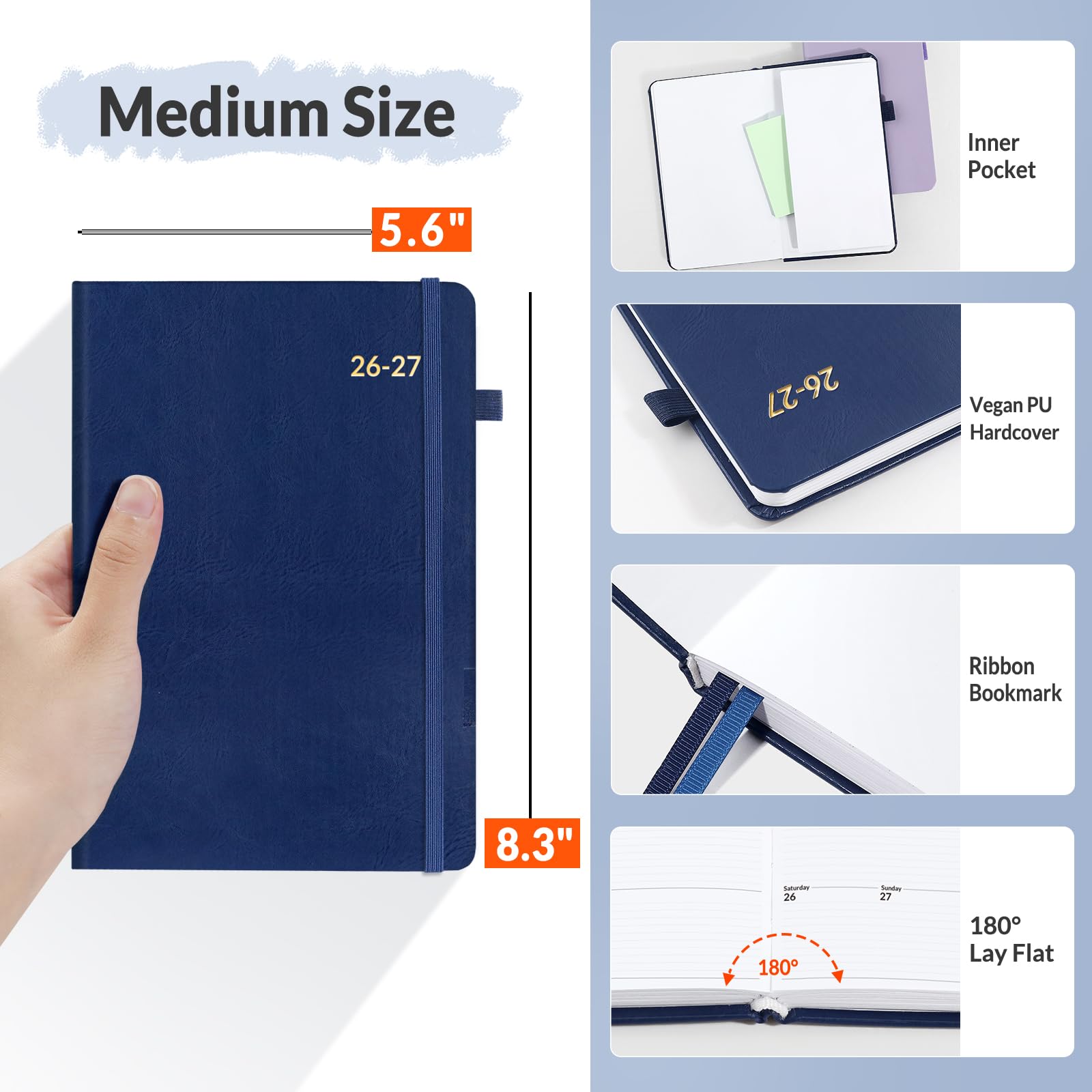 SUNEE Agenda settimanale e mensile 2026-2027, con copertina rigida, 14 x 21,1 cm, 12 mesi (luglio 2026 - giugno 2027), calendario accademico piccolo, tascabile, appunti, carta da 100 g/m², blu scuro