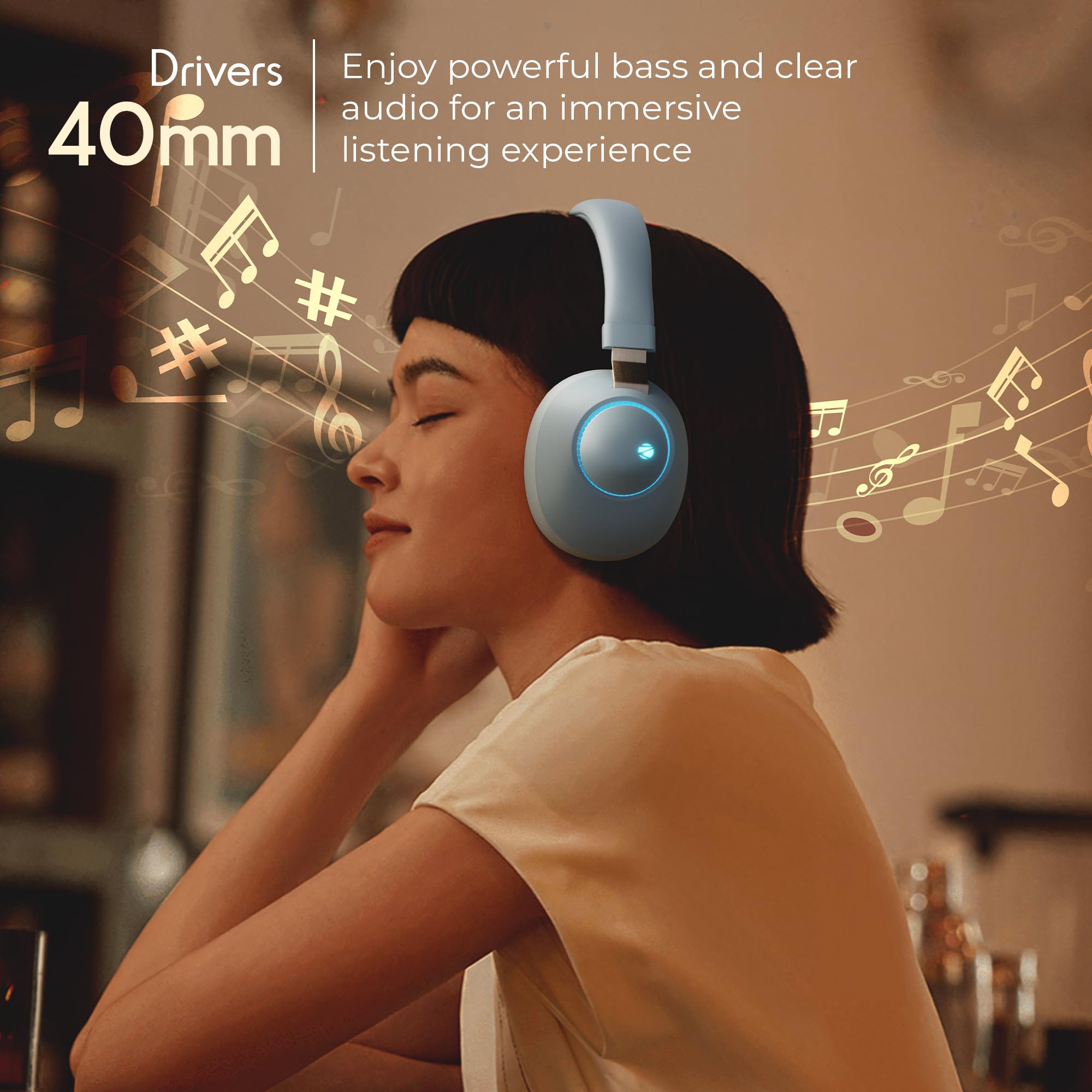 ZEBRONICS Duke (2026 Upgrade) Wireless Headphone, BT v5.3, Upto 60 hrs Playback, 40mm Drivers, Deep Bass, ENC, Gaming Mode, Dual Pairing, LED Lights, Media/Volume Control, Call Function (Blue) — Amazon image 2