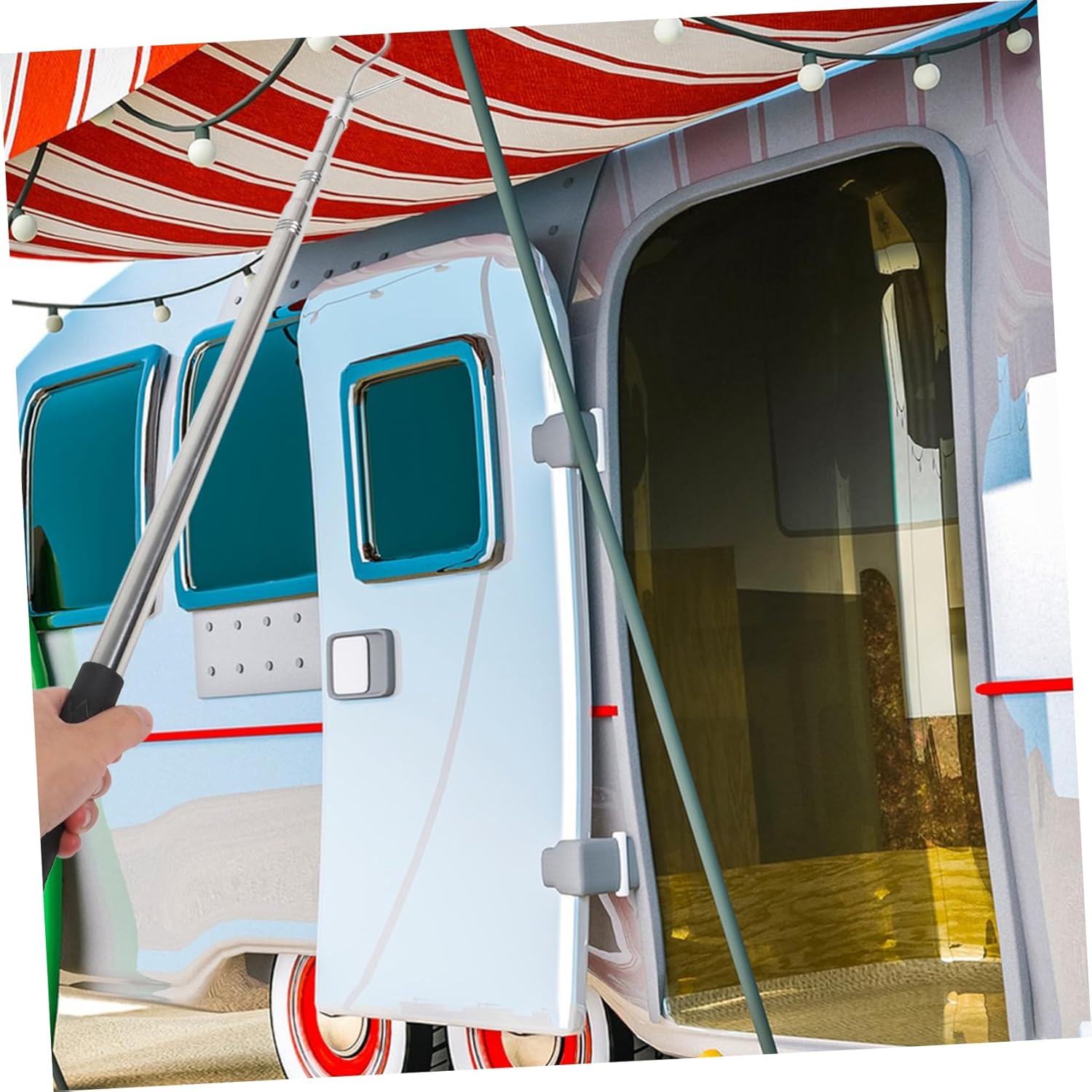 1.5m Awning Pulling Rod Adjustable Camping Awning Opener Retractable Sunshade Puller for Tents and Shelters Compact Extends to Includes Hook for Easy Use