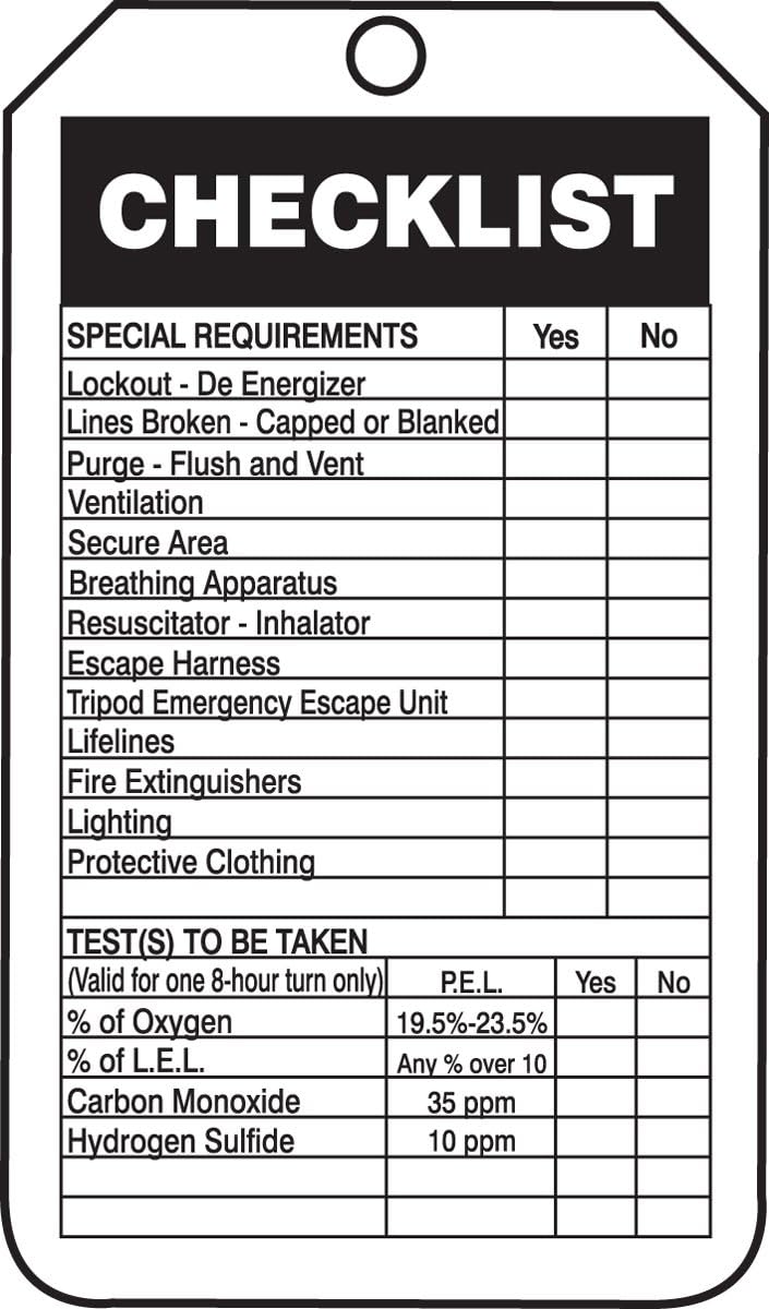 Accuform TCS319PTP Confined Space Status Tag, Legend CONFINED Space Entry Permit/Checklist, 5.75" Length x 3.25" Width x 0.015" Thickness, RP-Plastic, Black on White (Pack of 25)