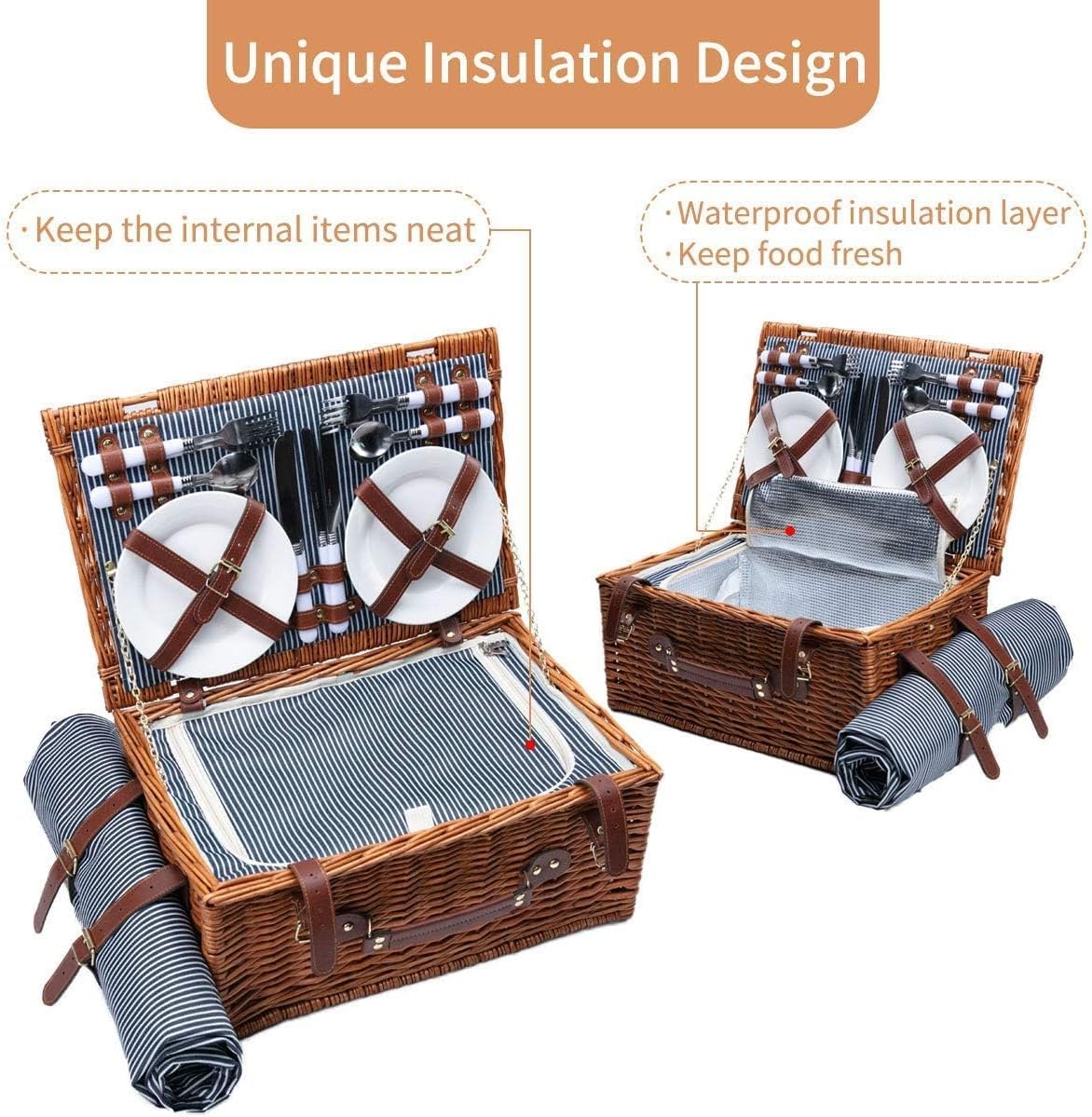 Cestino da Picnic in Vimini per 4 Persone con Scompartimento Isotermico, Coperta da Picnic Impermeabile e Kit di Posate, Cestini PIC Nic per Campeggio, Escursioni, Barbecue e Regali Famiglie