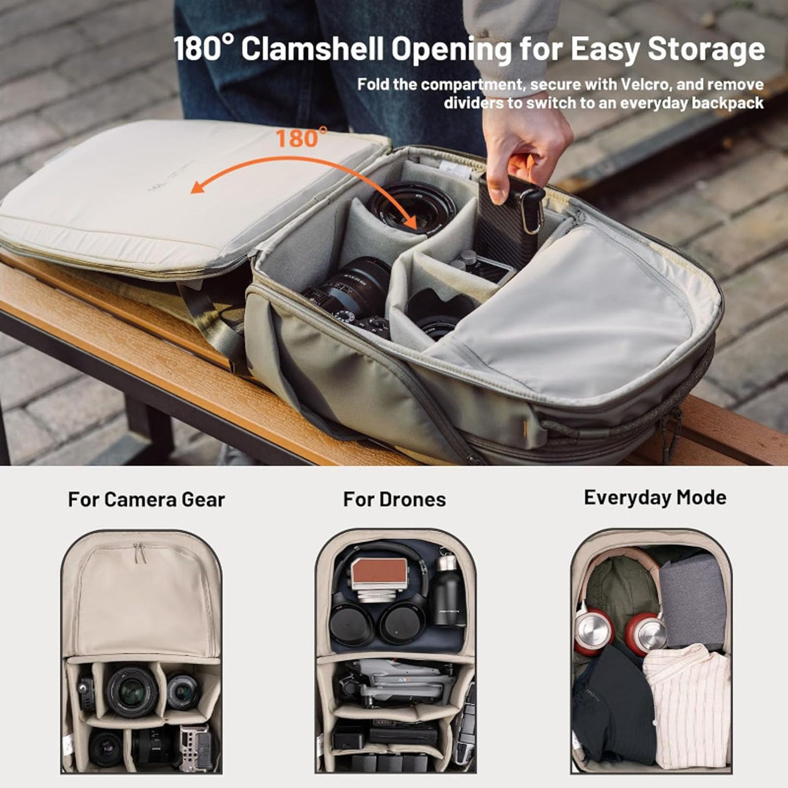 Mochila para cámara réflex digital, bolsa de viaje para fotografía al aire libre, compartimento para accesorios, mochila ergonómica, Black, L, Mass Beauty
