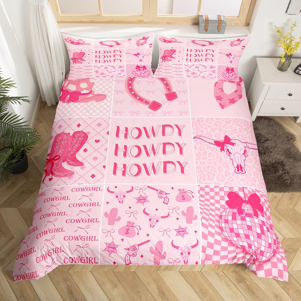 Homewish Western Cowgirl poszewka na kołdrę różowy zachodni zestaw pościeli Howdy, Southwestern poszewka na łóżko w kształcie podkowy Super King, nadruk krowy zestaw łóżek dyskotekowych