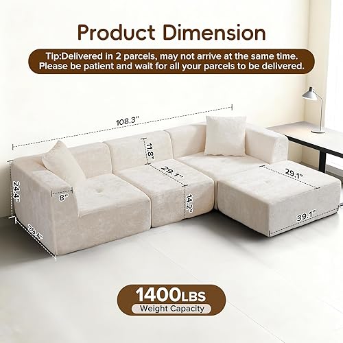Miniatura 2 de Sofá modular de 108 pulgadas, diván en forma de L, sofá deshuesado de felpilla de gran tamaño con asiento profundo, sin montaje, sofá nube de 3