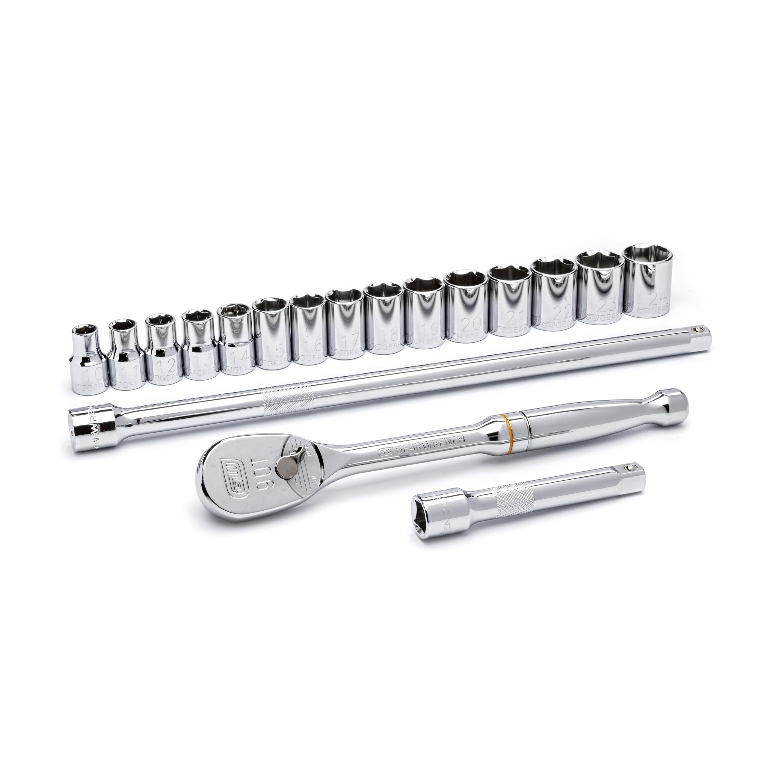 GearWrench 80708 Ensemble d'Outils de Mécanique Métrique Standard 1/2" Entraînement 6 Points, 18 Pièces