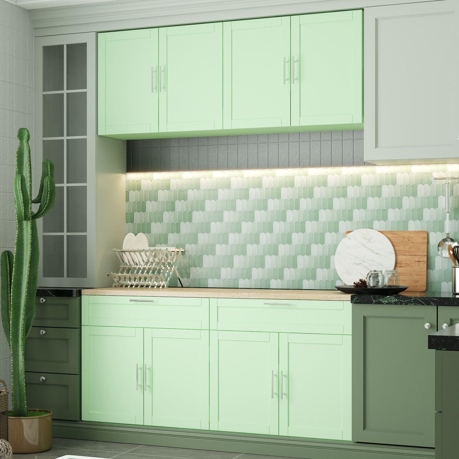 FAMAPY Kitchen Pantry Cabinet Set with Doors and 2 Drawers, Wall-Mount and Freestanding Storage Cabinet, Green and Oak