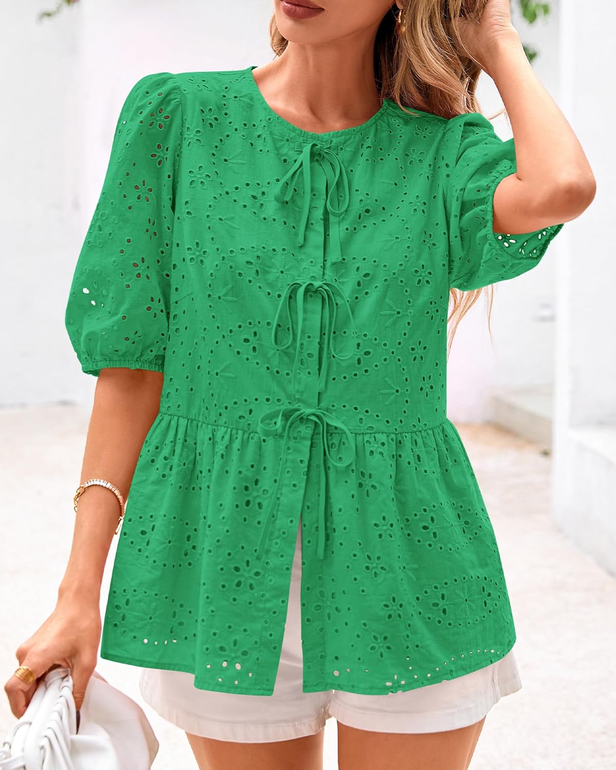 KIRUNDO Peplum Tops for Women 2026 Summer Eyelet Tie Front Blouses Casual Short Lantern Sleeve Cute Y2K Lace Babydoll Shirts - Image 5
