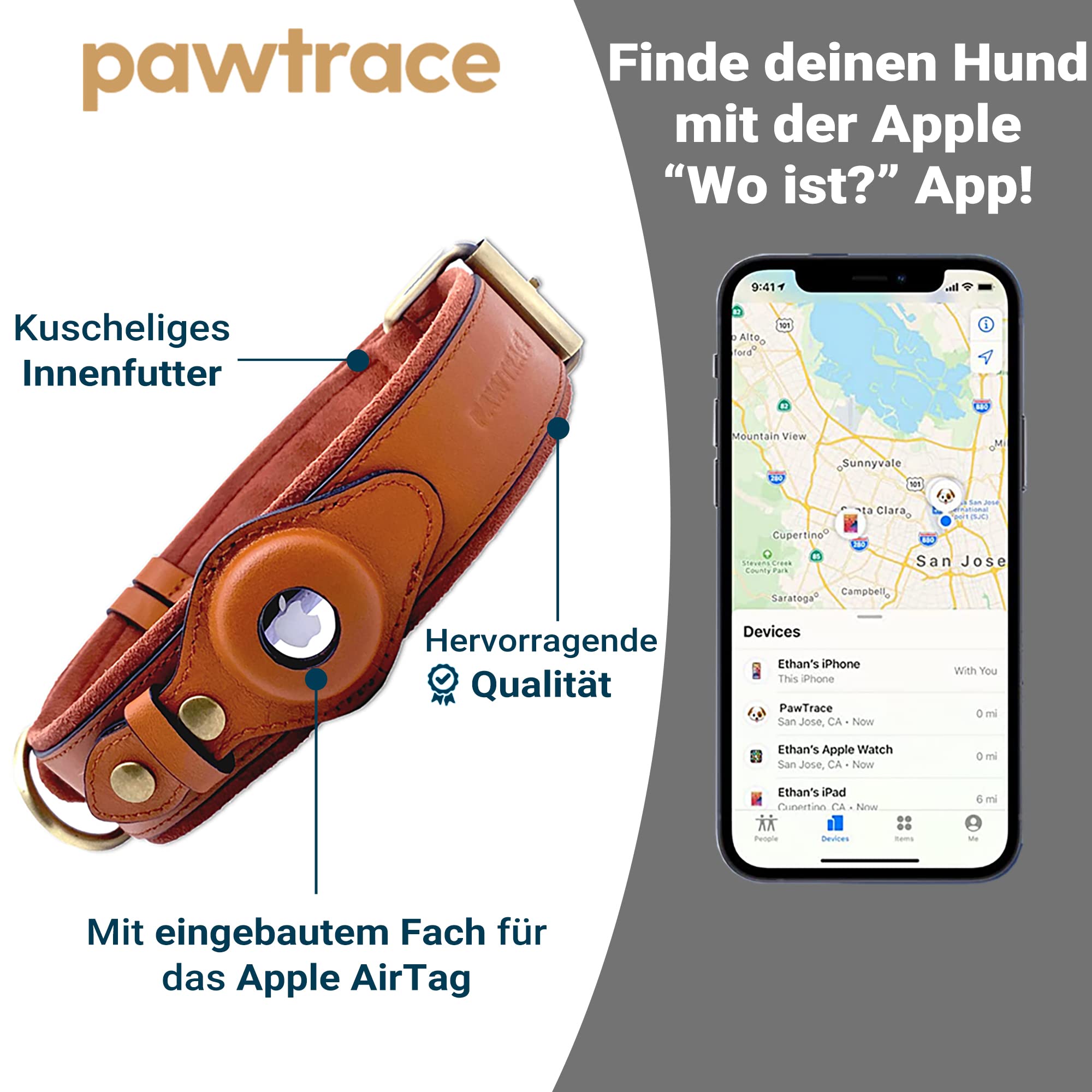 Leder-Hundehalsband Mit Airtag-Halterung – Gepolstert, Verstellbar Für Kleine Bis Große Hunde