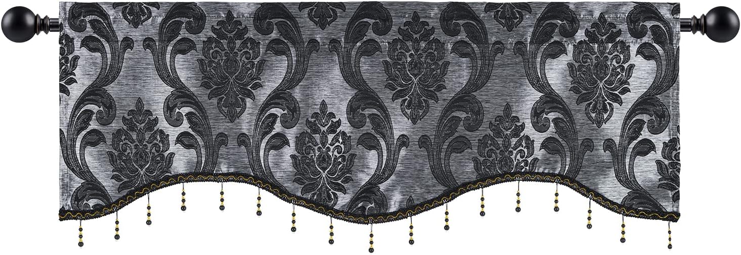 NAPEARLScalloped Valance Curtains-Decoration Jacquard Swag Valance for Living Room Window, Rod Pocket Valance Tire for Kitchen, Small Windows (Black, 52W x 18L)