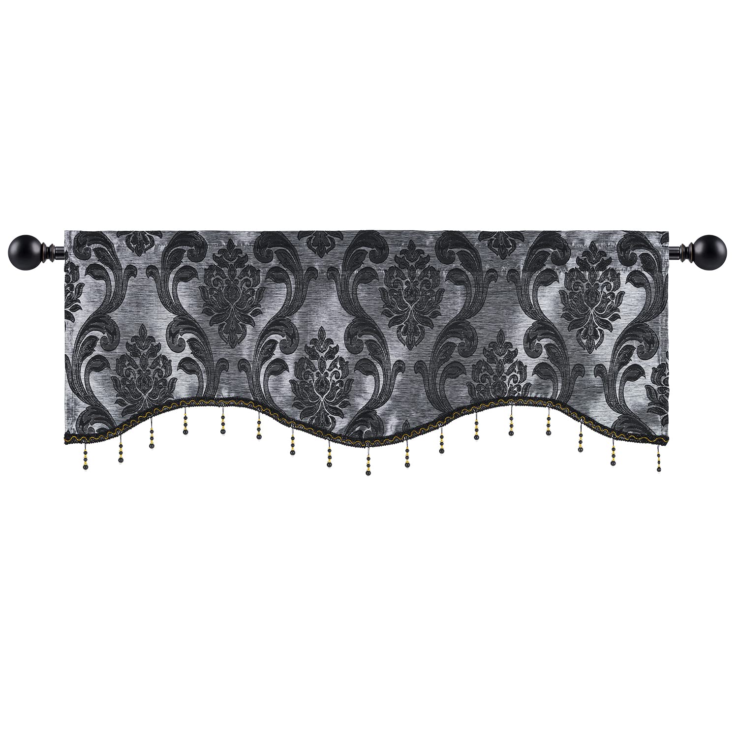 NAPEARL Scalloped Valance Curtains-Decoration Jacquard Swag Valance for Living Room Window, Rod Pocket Valance Tire for Kitchen, Small Windows (Black, 52W x 18L)