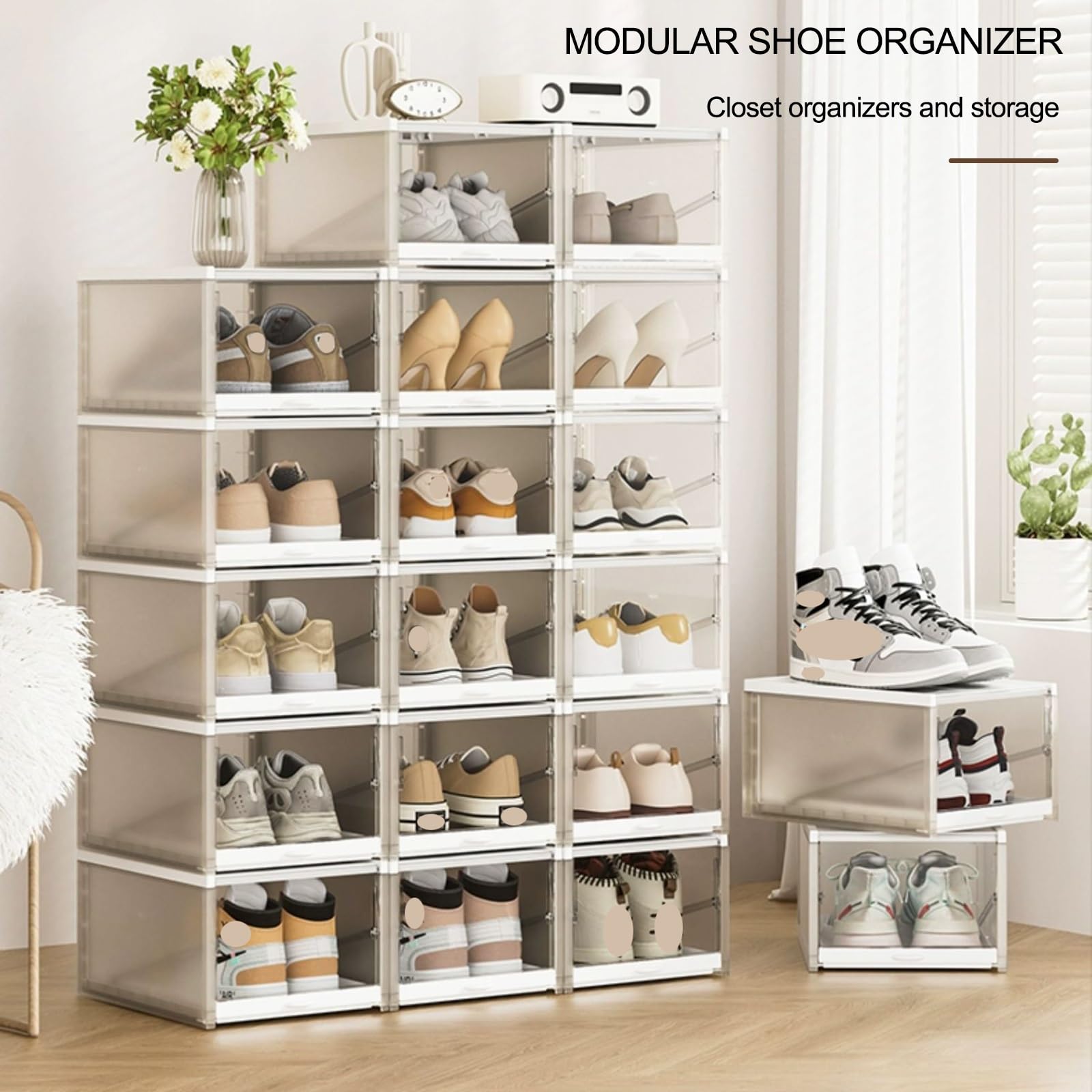 Zapatero modular de 3 niveles con cubierta transparente apilable para armario, entrada y sala de estar, diseño vertical de polipropileno para un fácil acceso