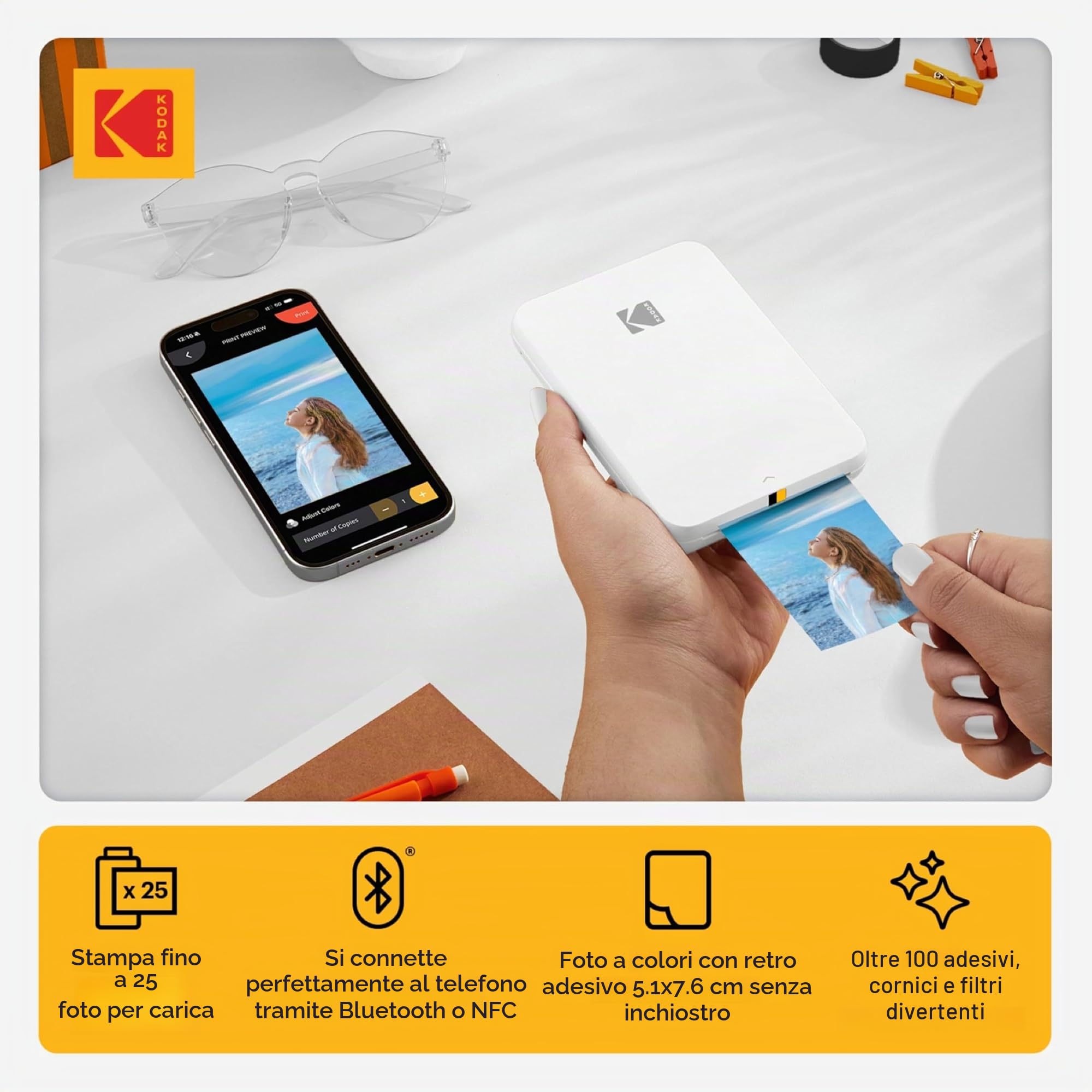 Stampante fotografica mobile istantanea Kodak Step Slim - Kit: confezione da 20 fogli di carta Zink, custodia