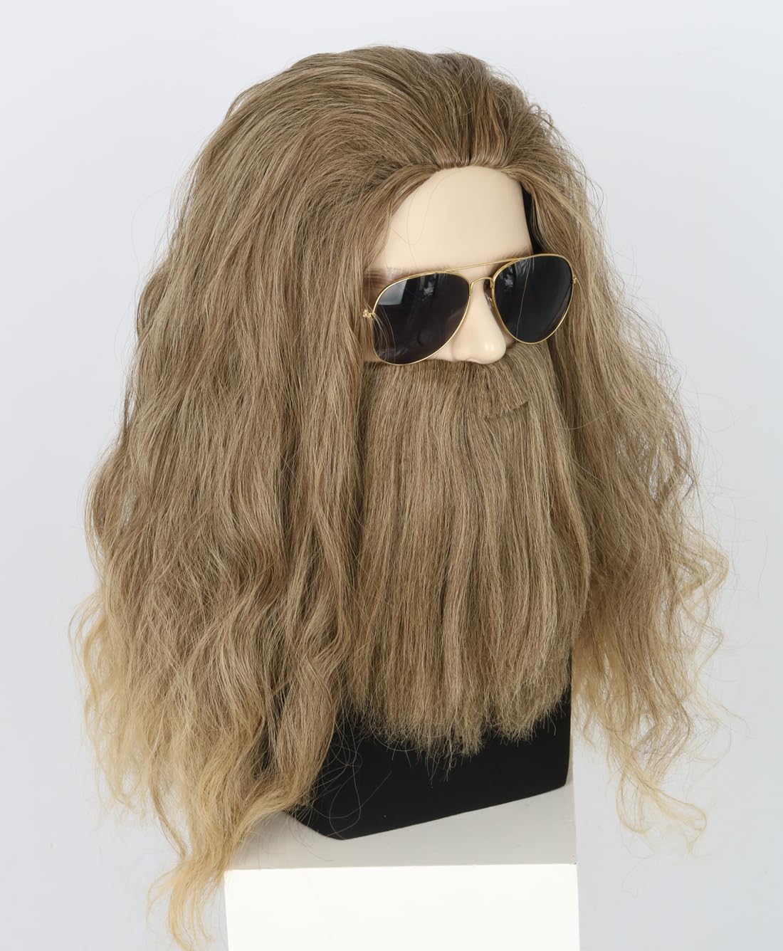 Topcosplay Mens Wigs and Beard Ash Blonde Long Curly Cosplay Halloween Costume Funny Wig - Image 3