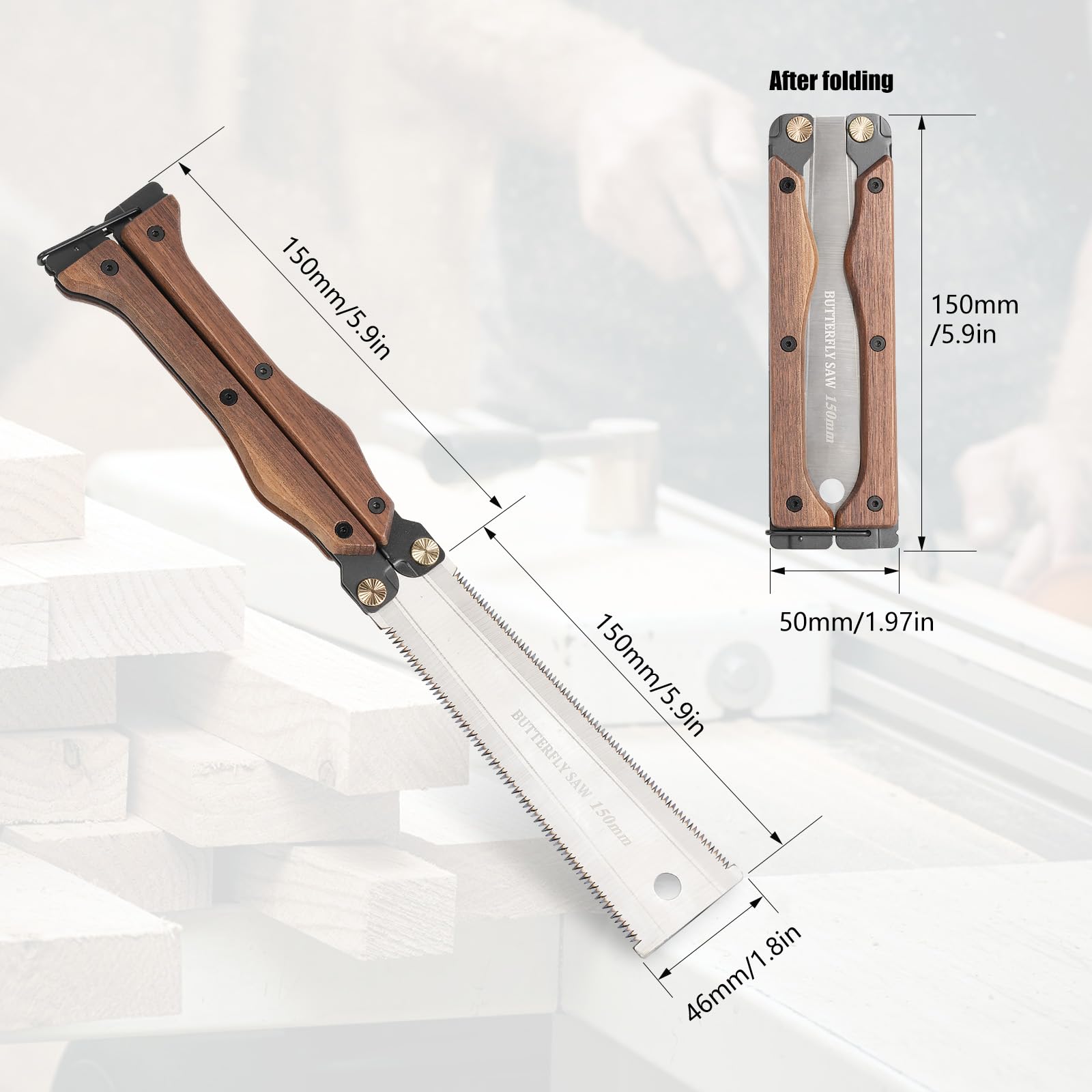Japansäge Doppelseitige Faltung Handsäge SK85 Werkzeugstahlmaterial 180° klappbare Ablage Kleine Holzsägen für den Hausgebrauch Für das Sägen im Garten für das Sägen im Freien