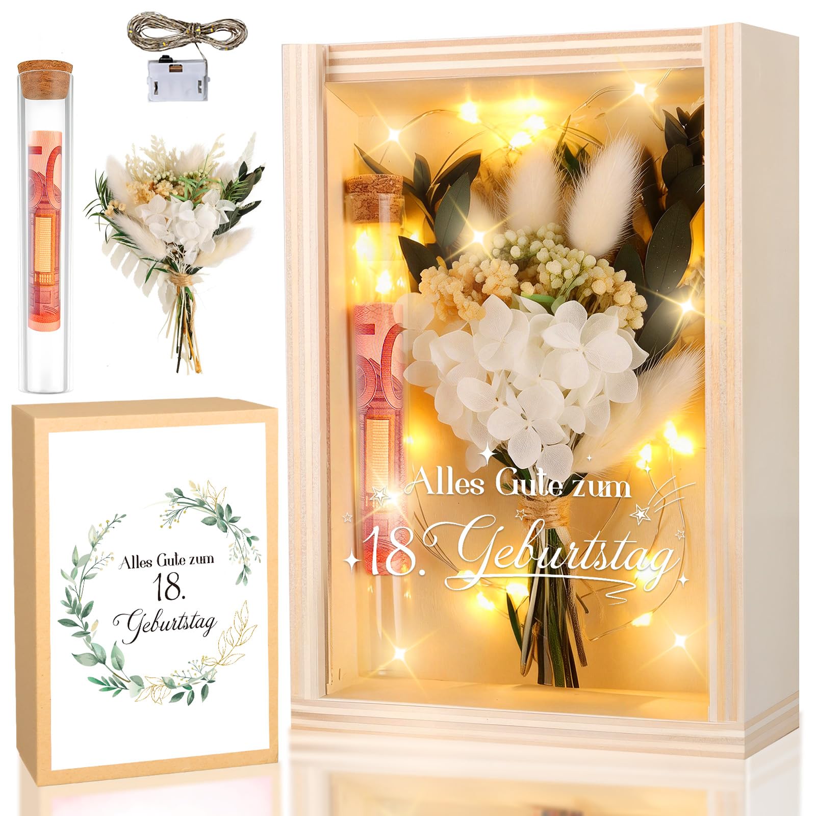 TUZELIYA Geldgeschenke 18. Geburtstag Mädchen Junge, Geschenkbox inklusive Trockenblumen+LED Lichterkette+Reagenzglas, Deko Holzkiste, Geschenke zum 18 Geburtstag für Tochter,Sohn,Schwester