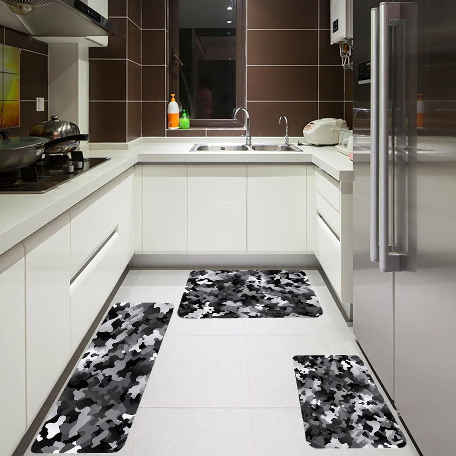 Black White Gray Camouflage Kitchen Mats for Floor 3 Pcs Kitchen Rugs