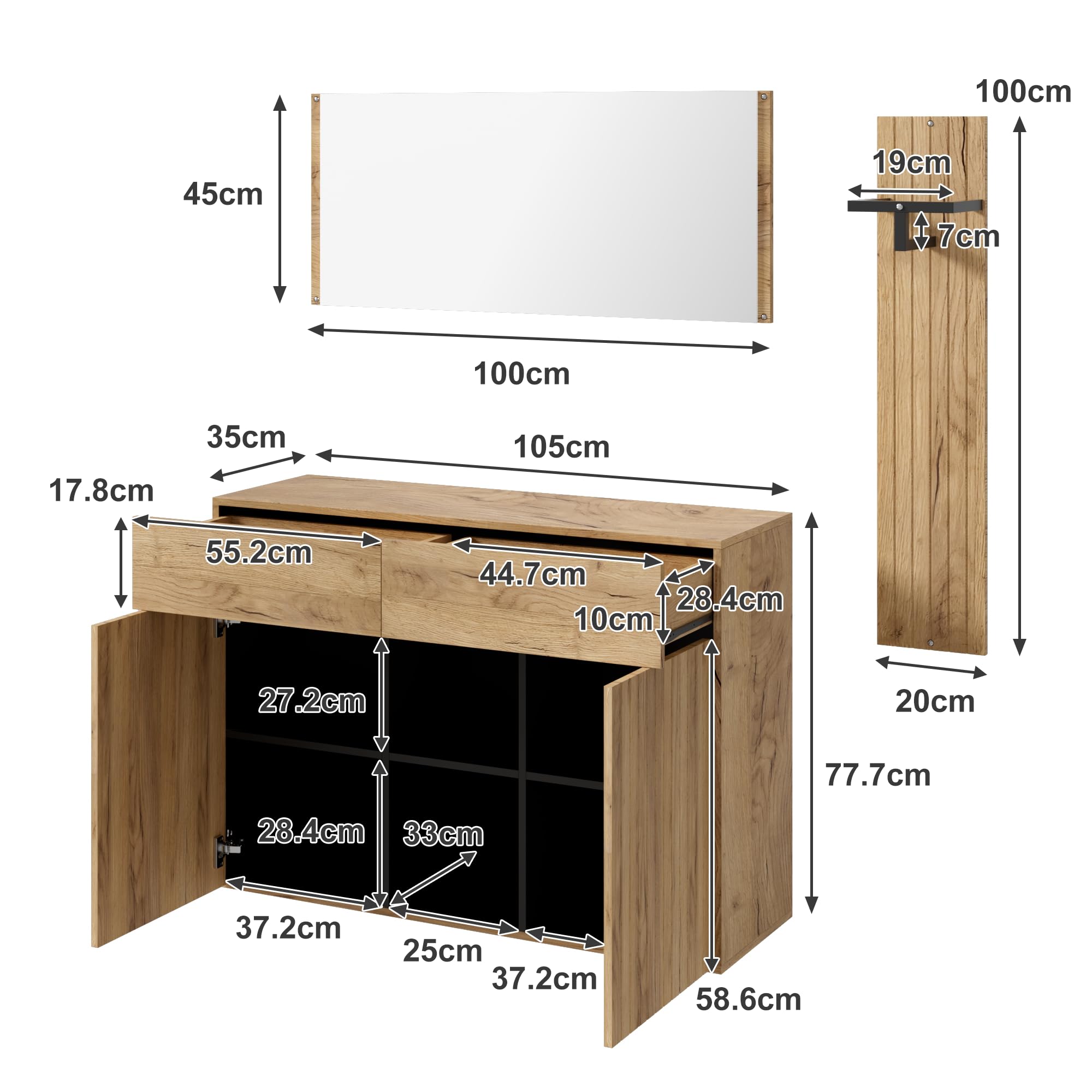 Set guardaroba con specchio, asta appendiabiti e scarpiera, combinazione corridoio con 2 cassetti, scomparti aperti, per ingresso e ingresso, effetto legno/nero, 125 x 35 x 178 cm, nero +
