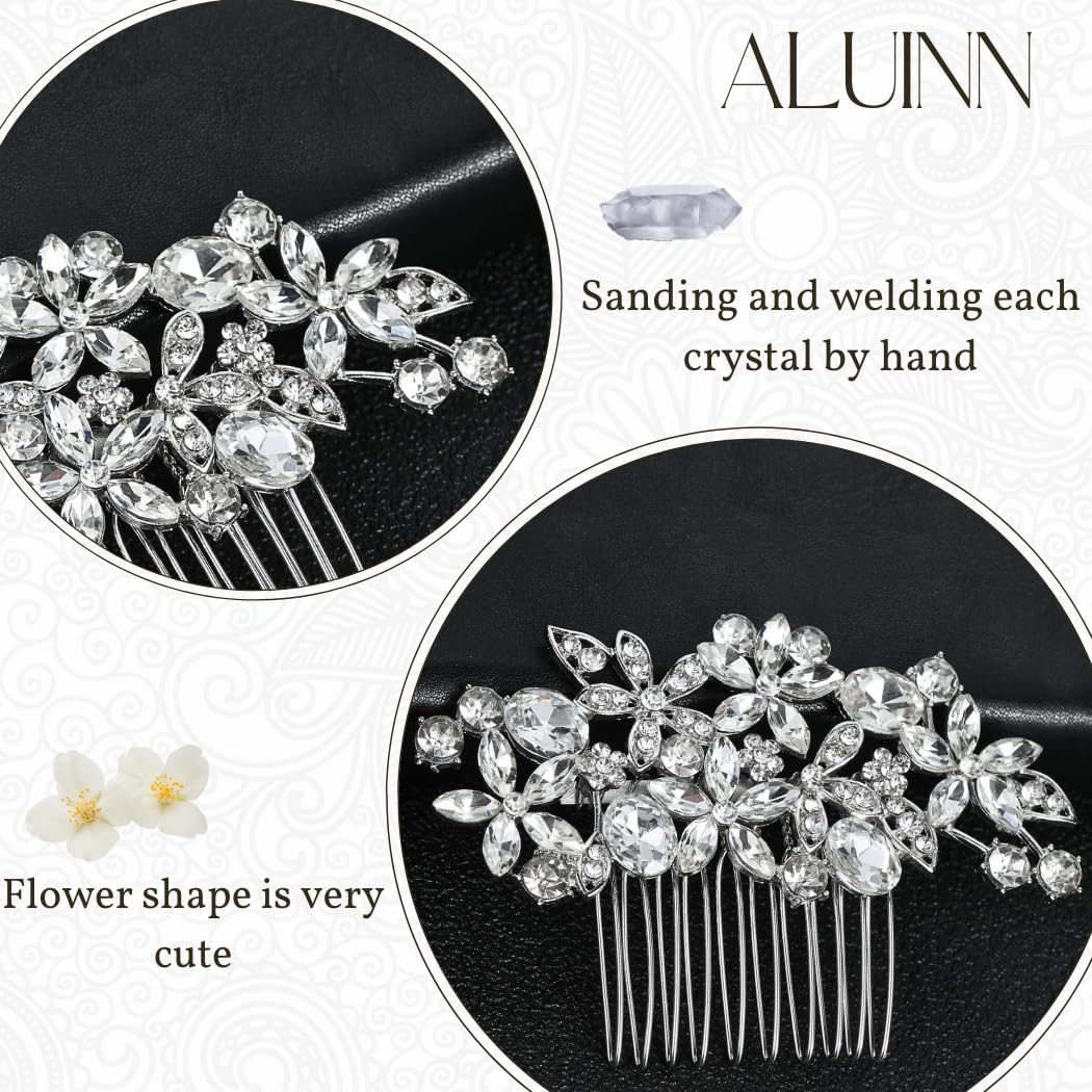 ALUINN Crystal Bride Hair Comb Flower Hair Piece Rhinestone Wedding Bridal Hair Accessories for Women Brides and Bridesmaids (Silver) - Image 3