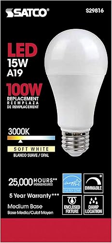 Miniatura 3 de Satco Lighting S29816 - Bombillas LED regulables A19 de 15 W, esmeriladas, 3000 K, base media E26, ángulo de haz de 220 grados, 120 voltios (6