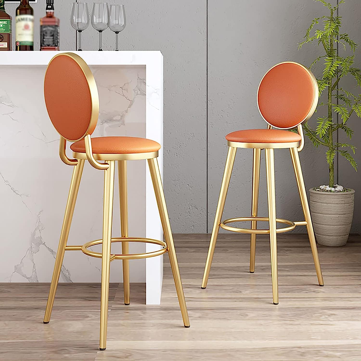 Tabourets de bar orange lot de 2 avec pieds en métal doré et siège en cuir PU pour comptoir