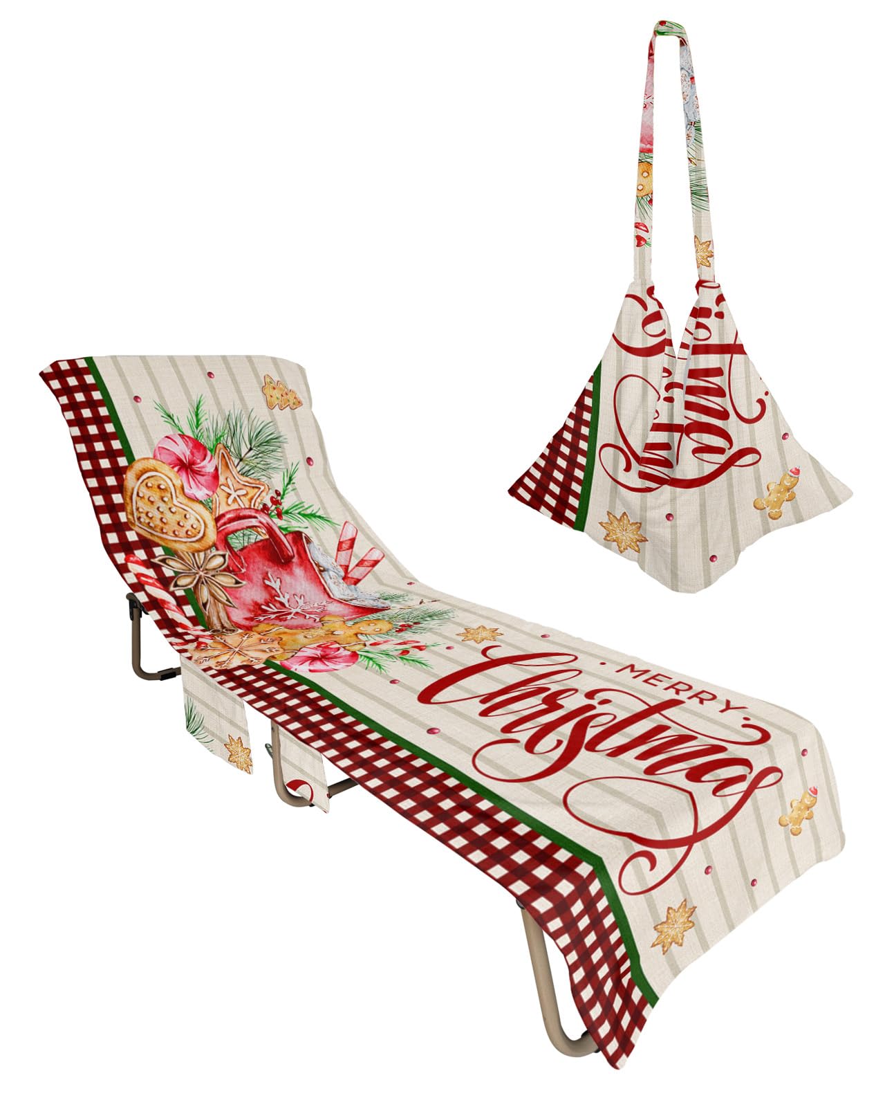 Christmas Beach Lounge Chair Towel Cover, Soft Chaise Lounge Towel with Side Pockets Patio Pool Chairs Cover for Beach/Pool Sunbathing 29x85 Red Plaid Xmas Berry Botanical Rustic
